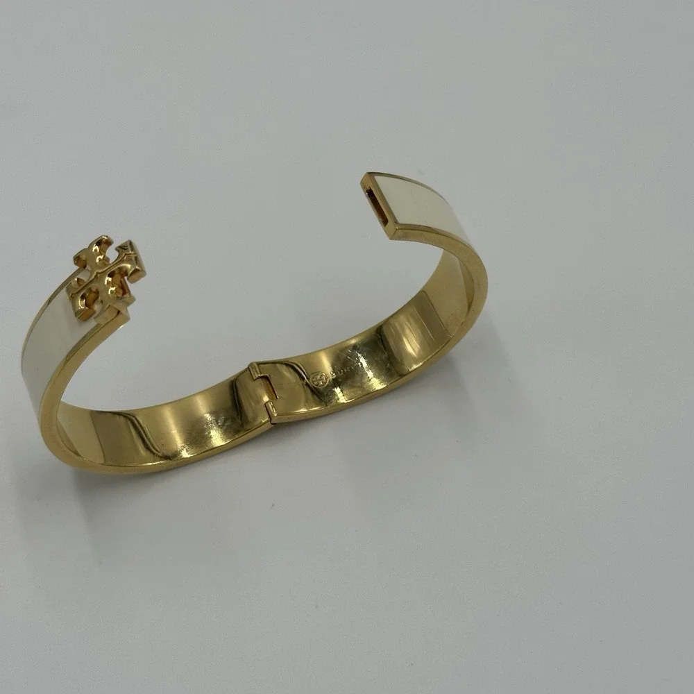 Tory Burch Kira Logo Hinged Bangle Bracelet White Enamel 18k Gold Plated Double